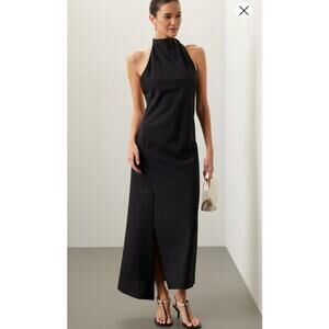 ROHE Black 100% Virgin Wool Halterneck Open Low Back Side Slit Maxi Dress sz 42